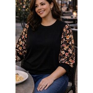 CeCe Womens Top Black 2X Floral Puff Sleeve Mock Neck Blouse Plus Size